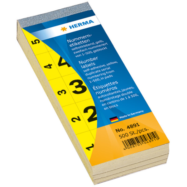 Anlageetikett Herma 4891 - Nummernblock Zahlen 1-500 28 x 56 mm gelb permanent Papier bedruckt Pckg/500