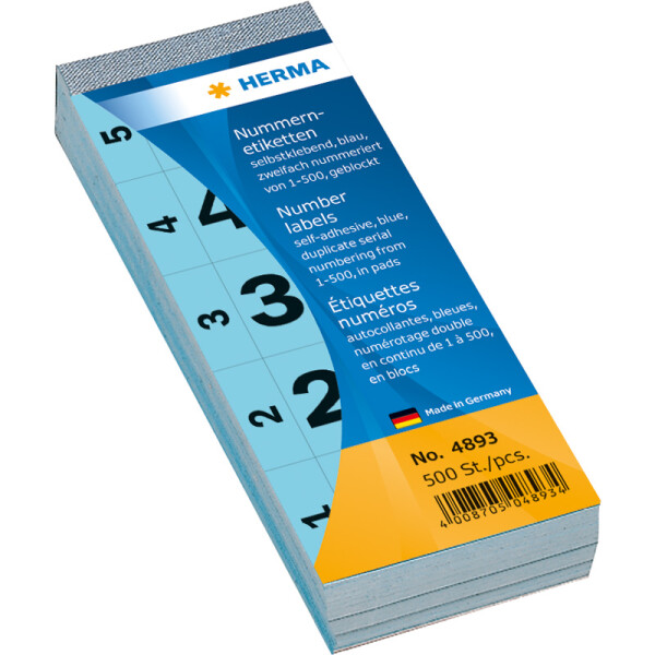Anlageetikett Herma 4893 - Nummernblock Zahlen 1-500 28 x 56 mm blau permanent Papier bedruckt Pckg/500