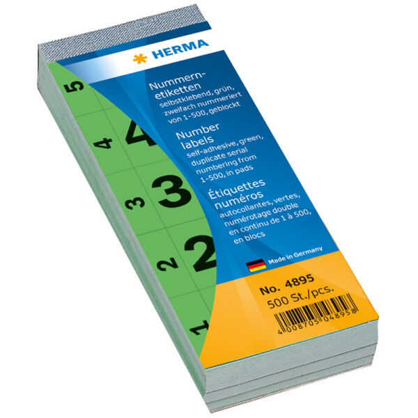 Anlageetikett Herma 4895 - Nummernblock Zahlen 1-500 28 x 56 mm grün permanent Papier bedruckt Pckg/500