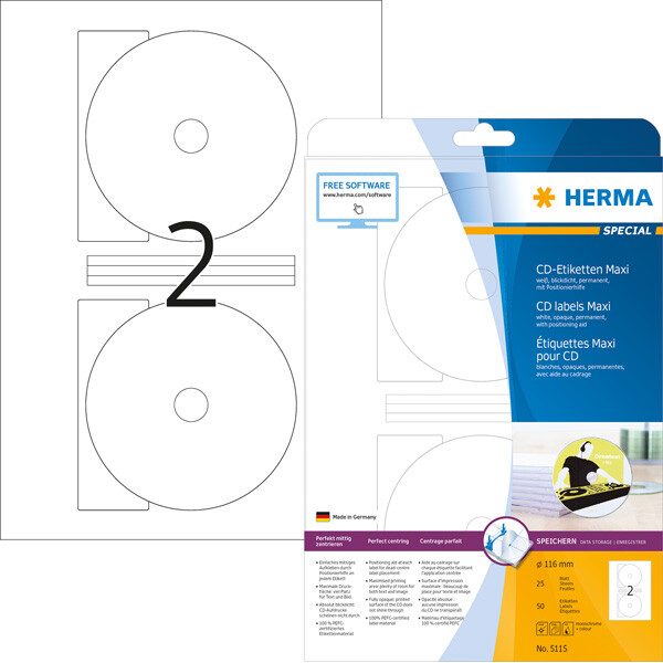 CD Etikett Herma 5115 - A4 SuperSize Ø 116 mm Maxi weiß permanent matt blickdicht Papier für alle Druckertypen Pckg/50