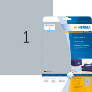 Folienetikett Herma 4117 - A4 210 x 297 mm silber permanent glänzend Polyesterfolie für Laser, Kopierer, Farblaserdrucker Pckg/25