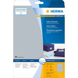 Folienetikett Herma 4117 - A4 210 x 297 mm silber permanent glänzend Polyesterfolie für Laser, Kopierer, Farblaserdrucker Pckg/25