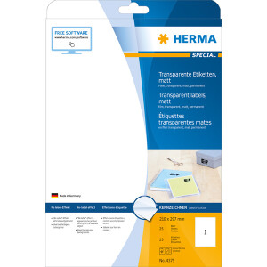 Folienetikett Herma 4375 - A4 210 x 297 mm transparent permanent matt wetterfest Polyesterfolie für Laser, Kopierer, Farblaserdrucker Pckg/25