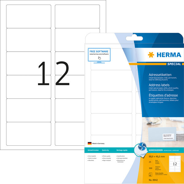 Inkjetetikett Herma 8842 - A4 88,9 x 46,6 mm weiß permanent Papier für Inkjetdrucker Pckg/300