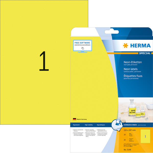 Neonetikett Herma 5148 - A4 210 x 297 mm neongelb permanent Papier für alle Druckertypen Pckg/20