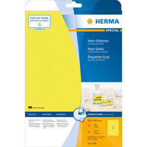 Neonetikett Herma 5148 - A4 210 x 297 mm neongelb permanent Papier für alle Druckertypen Pckg/20