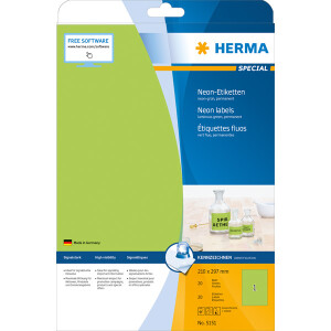 Neonetikett Herma 5151 - A4 210 x 297 mm neongrün permanent Papier für alle Druckertypen Pckg/20