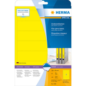 Ordnerrückenschild Herma 5091 - 38 x 192 mm gelb schmal / kurz selbstklebend für alle Druckertypen Pckg/140