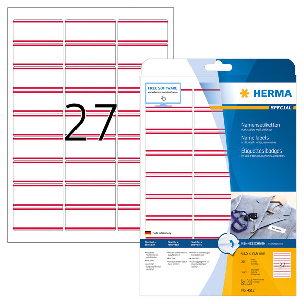 Textilnamensschild Herma 4512 - 63,5 x 29,6 mm weiß mit roten Streifen ablösbar für Drucker Laserdrucker/Kopierer Acetatseide Pckg/540