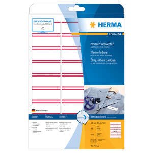 Textilnamensschild Herma 4512 - 63,5 x 29,6 mm weiß mit roten Streifen ablösbar für Drucker Laserdrucker/Kopierer Acetatseide Pckg/540