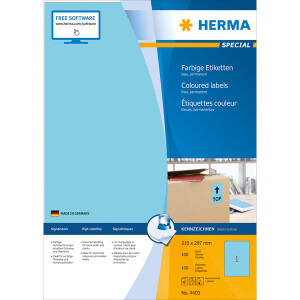 Universaletikett Herma 4403 - A4 210 x 297 mm blau permanent FSC Papier für alle Druckertypen Pckg/100