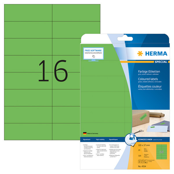 Universaletikett Herma 4554 - A4 105 x 37 mm grün ablösbar FSC Papier für alle Druckertypen Pckg/320