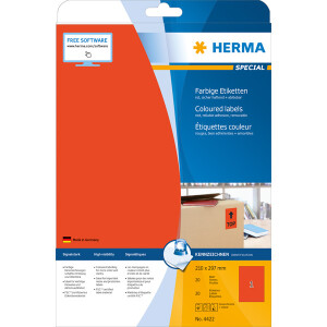 Universaletikett Herma 4422 - A4 210 x 297 mm rot ablösbar FSC Papier für alle Druckertypen Pckg/20