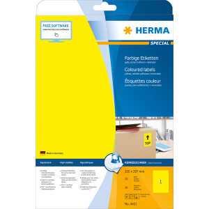 Universaletikett Herma 4421 - A4 210 x 297 mm gelb ablösbar FSC Papier für alle Druckertypen Pckg/20