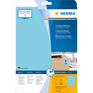 Universaletikett Herma 4423 - A4 210 x 297 mm blau ablösbar FSC Papier für alle Druckertypen Pckg/20