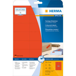 Universaletikett Herma 4467 - A4 70 x 37 mm rot ablösbar FSC Papier für alle Druckertypen Pckg/480