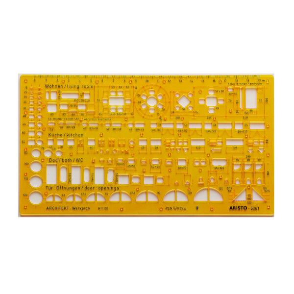 Zeichenschablone Aristo AH5061 - 225 x 125 mm orange transparent Werkplanschablone für Grundrissdarstellung