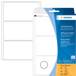 Haftetikett Herma 2500 - auf Bogen 52 x 100 mm weiß permanent Papier für Handbeschriftung Pckg/96