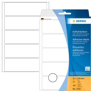 Haftetikett Herma 2550 - auf Bogen 31 x 100 mm weiß permanent Papier für Handbeschriftung Pckg/160