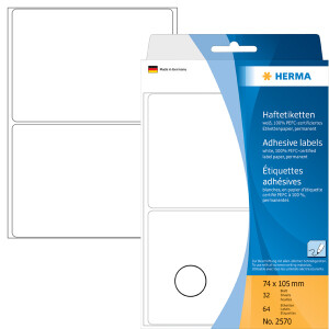 Haftetikett Herma 2570 - auf Bogen 74 x 105 mm weiß permanent Papier für Handbeschriftung Pckg/64
