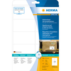 Folienetikett Herma 8330 - A4 99,1 x 57 mm weiß extrem stark haftend matt wetterfest Polyesterfolie für Laser, Kopierer, Farblaserdrucker Pckg/250
