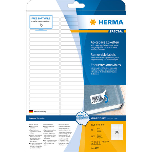 HERMA 4202 Universal Etiketten DIN A4 ablösbar 63,5 x 8,5 mm 25 Blatt weiß 