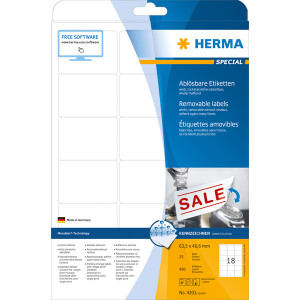 Universaletikett Herma 4203 - A4 63,5 x 46,6 mm weiß ablösbar FSC Papier für alle Druckertypen Pckg/450