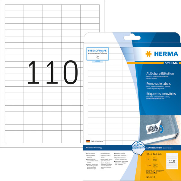Universaletikett Herma 4210 - A4 38,1 x 12,7 mm weiß ablösbar FSC Papier für alle Druckertypen Pckg/2750