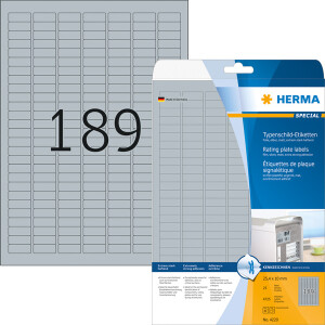 Typenschildetikett Herma 4220 - A4 25,4 x 10 mm silber permanent wetterfest Polyesterfolie für Laserdrucker, Kopierer Pckg/4725