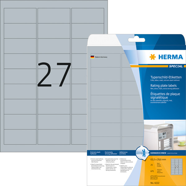 Typenschildetikett Herma 4222 - A4 63,5 x 29,6 mm silber permanent wetterfest Polyesterfolie für Laserdrucker, Kopierer Pckg/675
