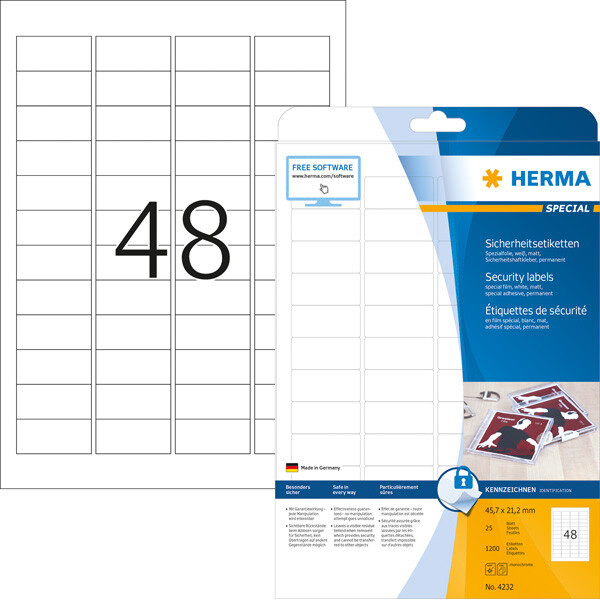 Sicherheitsetikett Herma 4232 - auf Bogen 45,7 x 21,2 mm weiß extrem stark haftend manipulationssicher Folie für Laser, Kopierer, Farblaserdrucker Pckg/1200