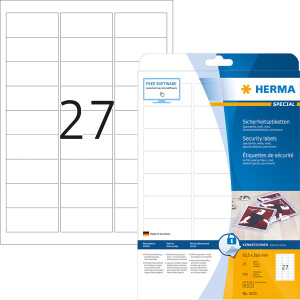 Sicherheitsetikett Herma 4233 - auf Bogen 63,5 x 29,6 mm weiß extrem stark haftend manipulationssicher Folie für Laser, Kopierer, Farblaserdrucker Pckg/675