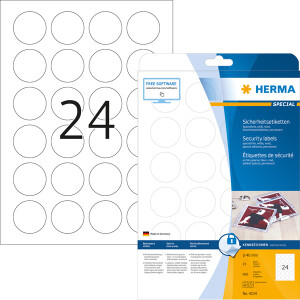 Sicherheitsetikett Herma 4234 - auf Bogen Ø 40 mm weiß extrem stark haftend manipulationssicher Folie für Laser, Kopierer, Farblaserdrucker Pckg/600