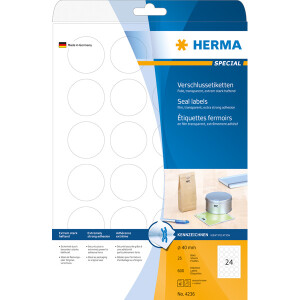 Verschlussetikett Herma 4236 - A4 Ø 40 mm transparent extrem stark haftend wetterfest Polyesterfolie für Handbeschriftung Pckg/600