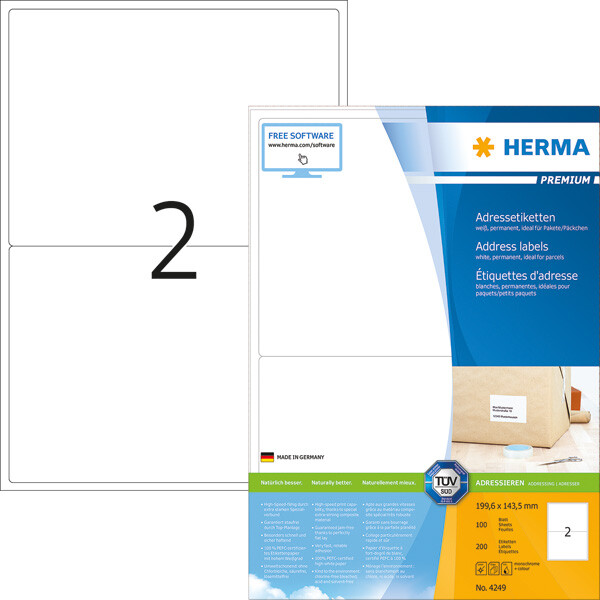 Universaletikett Herma 4249 - A4 199,6 x 143,5 mm weiß permanent FSC Papier für alle Druckertypen Pckg/200