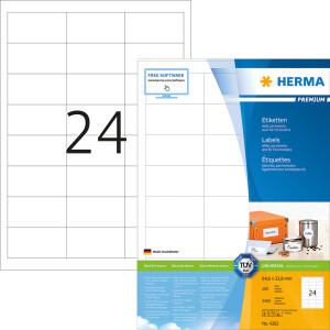 Universaletikett Herma 4262 - A4 64,6 x 33,8 mm weiß permanent FSC Papier für alle Druckertypen Pckg/2400