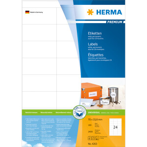 Universaletikett Herma 4263 - A4 70 x 33,8 mm weiß permanent FSC Papier für alle Druckertypen Pckg/2400