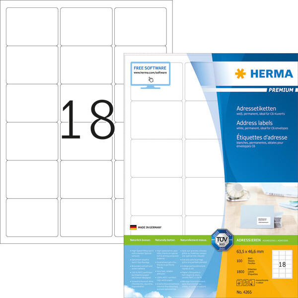 Universaletikett Herma 4265 - A4 63,5 x 46,6 mm weiß permanent FSC Papier für alle Druckertypen Pckg/1800