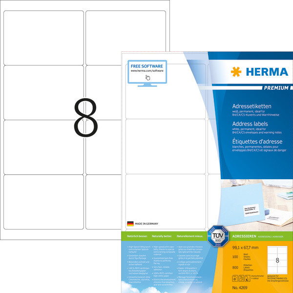 Universaletikett Herma 4269 - A4 99,1 x 67,7 mm weiß permanent FSC Papier für alle Druckertypen Pckg/800