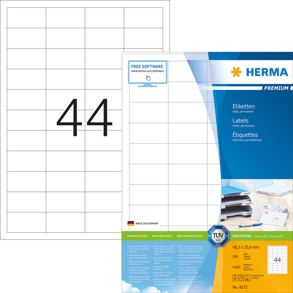 Universaletikett Herma 4272 - A4 48,3 x 25,4 mm weiß permanent FSC Papier für alle Druckertypen Pckg/4400