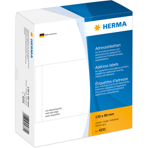 Adressetikett Herma 4331 - Einzeletikett 130 x 80 mm weiß permanent einzeln Papier für Schreibmaschine Pckg/500