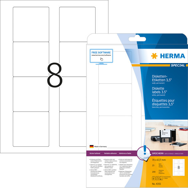 Diskettenetikett Herma 4355 - A4 70 x 67,7 mm weiß permanent FSC Papier für alle Druckertypen Pckg/200