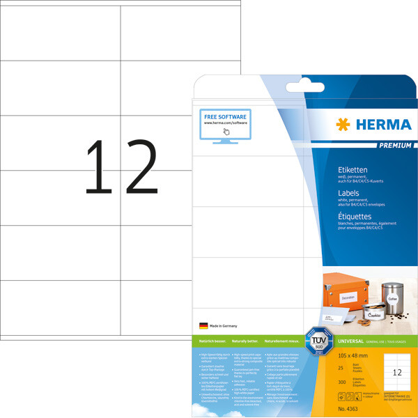 Universaletikett Herma 4363 - A4 105 x 48 mm weiß permanent FSC Papier für alle Druckertypen Pckg/300