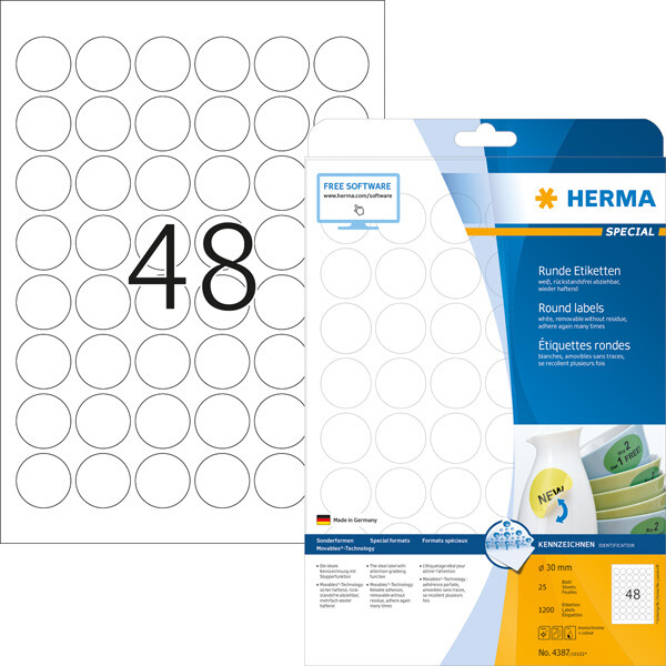 Universaletikett Herma 4387 - A4 Ø 30 mm weiß ablösbar FSC Papier für alle Druckertypen Pckg/1200