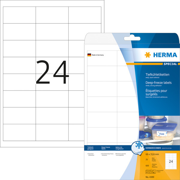 Tiefkühletikett PC Herma 4389 - A4 66 x 33,8 mm weiß stark haftend Papier für alle Druckertypen Pckg/600