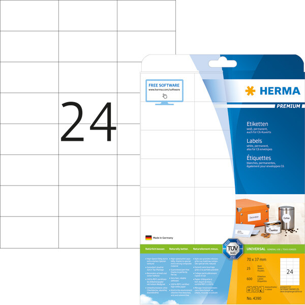 Universaletikett Herma 4390 - A4 70 x 37 mm weiß permanent FSC Papier für alle Druckertypen Pckg/600