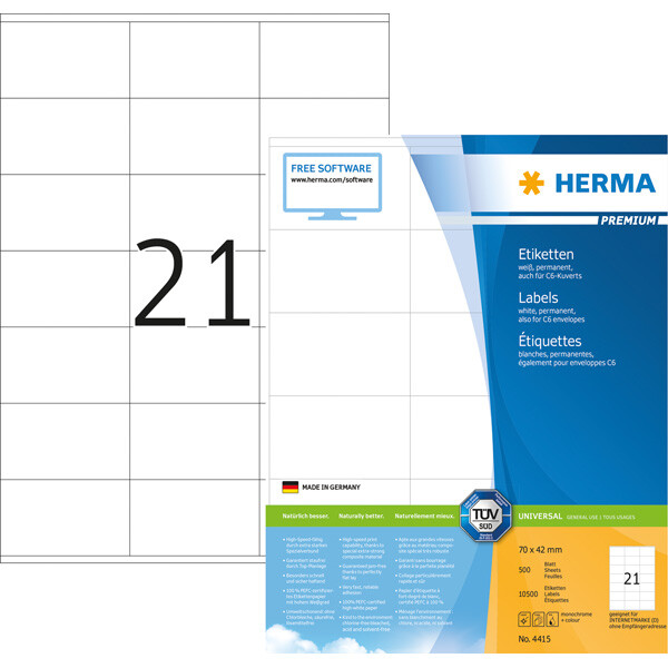 Universaletikett Herma 4415 - A4 70 x 42 mm weiß permanent FSC Papier für alle Druckertypen Pckg/10500