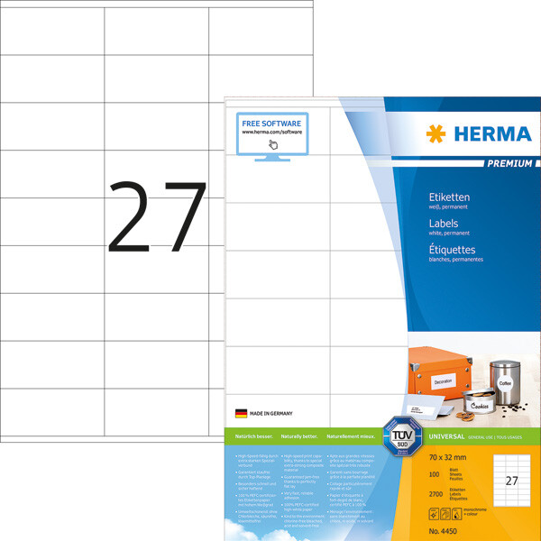 Universaletikett Herma 4450 - A4 70 x 32 mm weiß permanent FSC Papier für alle Druckertypen Pckg/2700