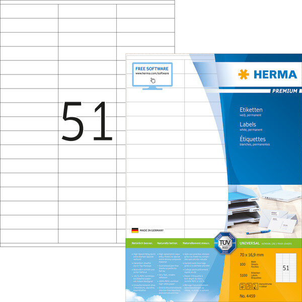 Universaletikett Herma 4459 - A4 70 x 16,9 mm weiß permanent FSC Papier für alle Druckertypen Pckg/5100