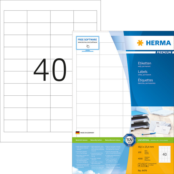 Universaletikett Herma 4474 - A4 48,5 x 25,4 mm weiß permanent FSC Papier für alle Druckertypen Pckg/4000